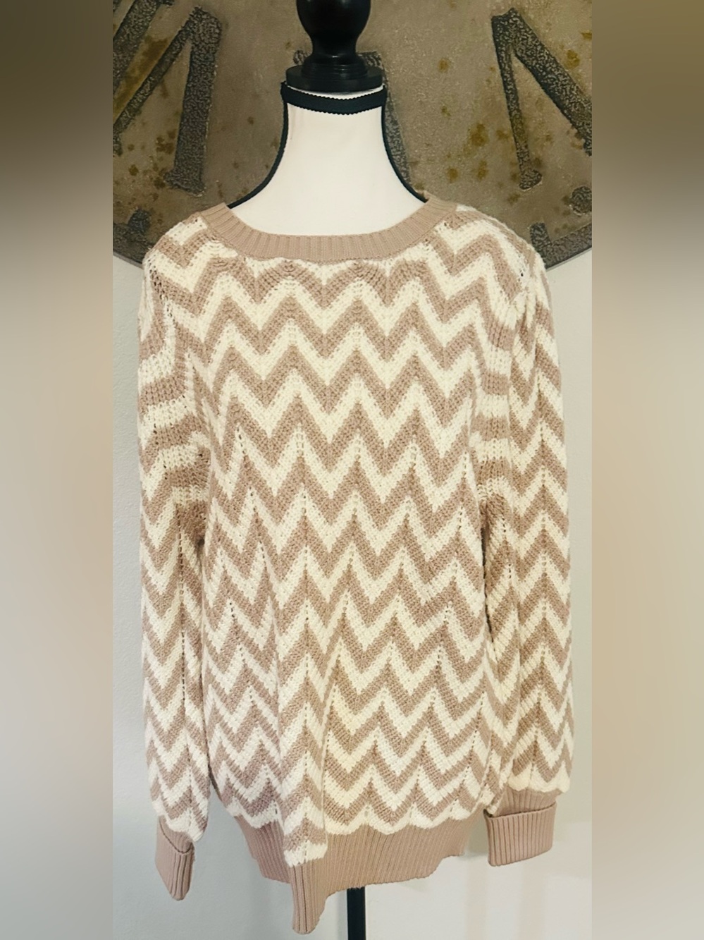 Cream and Tan Chevron Knit Sweater
